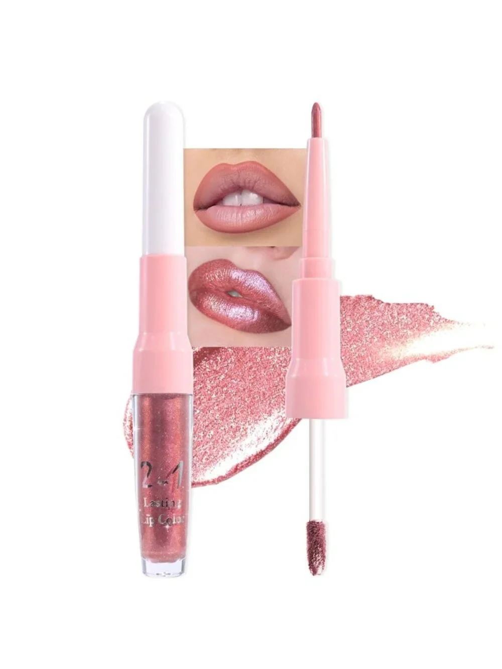 Womens 09# Pink Red-Metallic 2-in-1 Metallic Long Lasting Lipstick And Lip Liner